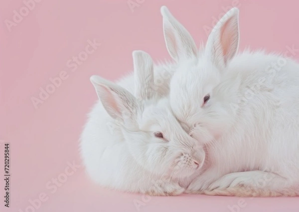 Fototapeta Two White Rabbits Lying Together