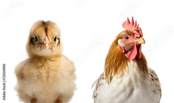 Fototapeta Close up photo of a set of chicken and chick, from chick to adult rooster, half body, Isolated on Transparent Background, PNG