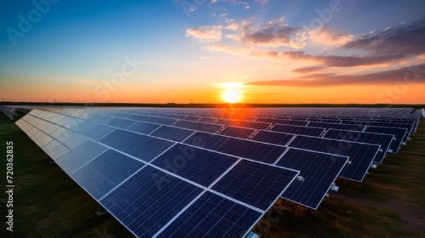 Obraz A solar farm captures the waning light of sunset, symbolizing sustainable energy practices.