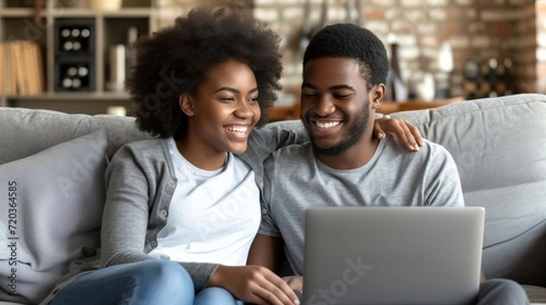 Fototapeta Multiracial young couple bonding, enjoying cozy time watching laptop on sofa at home