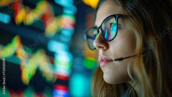 Fototapeta Woman banker manager, trader, Dow Jones stock market analysis on wall street Finance Trade Manager Delving into Stock Market Indicators for Optimal Investment Strategy - Navigating Financial Data