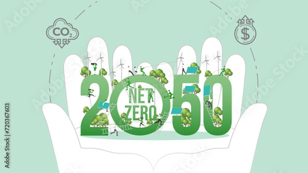 Fototapeta ESG policy in hands. Carbon credit calculate from reduce carbon footprint and carbon dioxide to Net Zero Goal in 2050.