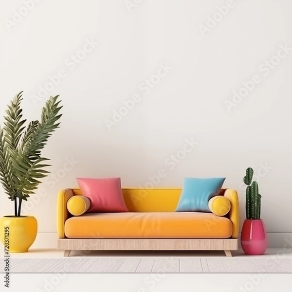 Fototapeta modern calm living room with sofa and mockup for painting, empty space for text 