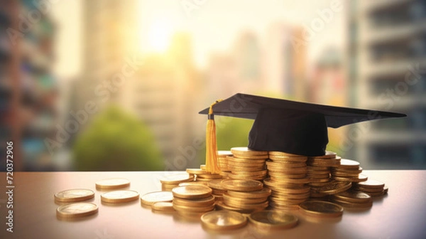 Fototapeta Graduation hat on coin stack on the table, graduation financial concept.	
