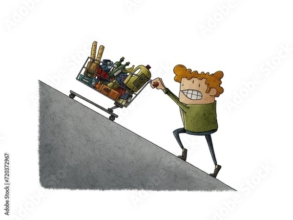 Obraz illustration of a man pushing a shopping cart full of groceries up a steep hill. Concept of price escalation.