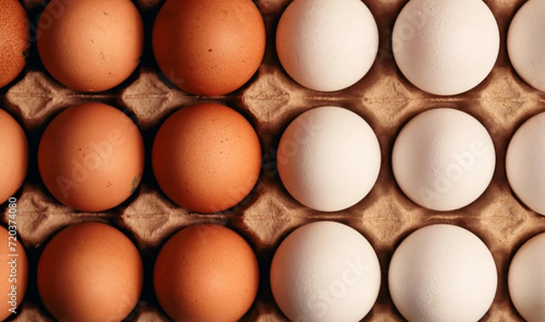 Fototapeta Photograph of egg carton with white eggs and brown eggs. Food concept.