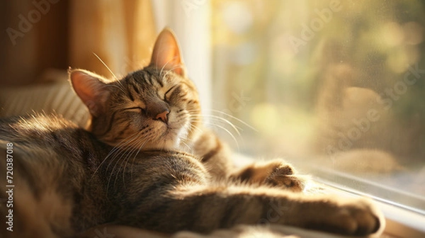 Fototapeta Contented Tabby Cat Lounging in Sunlit Bliss, a High-Definition Capture of Feline Relaxation and Joy by a Warm Window.
