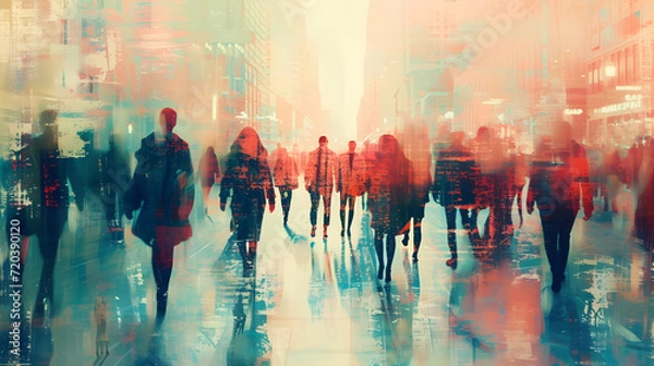 Fototapeta Wallpaper background of abstract paint blur motion bunch of people walking in colorful design illustration. generative ai creative