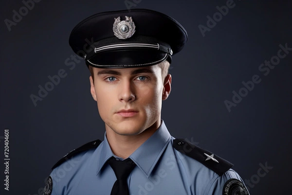 Fototapeta Young man woman working as police officer or cop closeup portrait blurred city background Generative AI