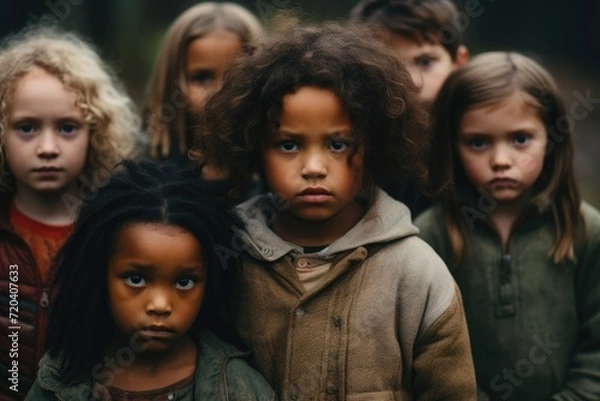 Fototapeta A diverse group of smiling children of different ages standing in a row, forming a united front, Sad serious Multiethnic poor little children looking at the camera, AI Generated
