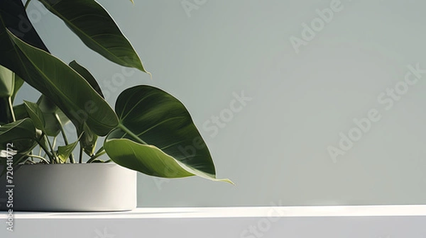 Fototapeta Minimal white podium with green leaves natural background for cosmetic products display, Empty natural platform
