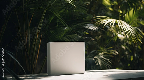 Fototapeta Minimal white podium with green leaves natural background for cosmetic products display, Empty natural platform