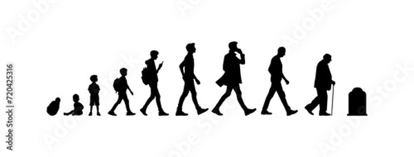 Fototapeta Vector illustration. Silhouette of growing up man from baby to old age. Many people of different ages in a row.	
