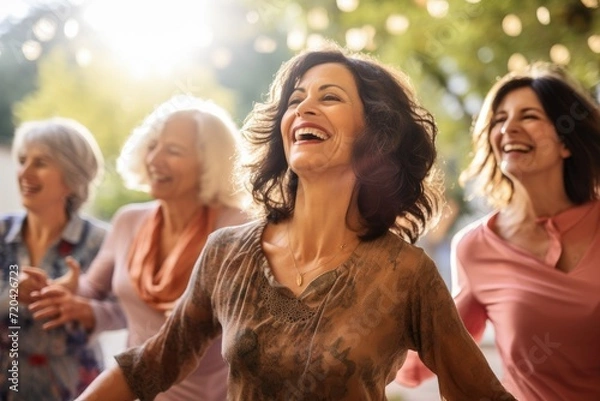 Fototapeta A heartwarming image capturing a group of women laughing and enjoying each others company., Middle-aged women enjoying a joyful dance class, AI Generated