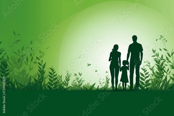 Fototapeta Silhouettes of happy family. Parents and daughter holding hands on green background, copy space.