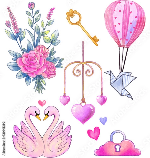 Fototapeta A charming set of watercolor illustrations featuring lovebirds, floral bouquet, vintage key, heart balloons, and whimsical accents.