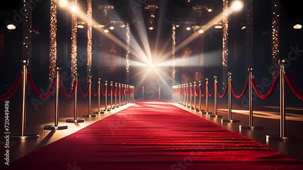Fototapeta Luxurious and elegant red carpet staircase, holiday awards ceremony event