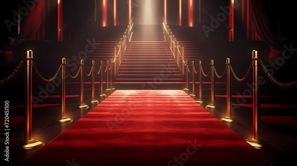 Fototapeta Luxurious and elegant red carpet staircase, holiday awards ceremony event
