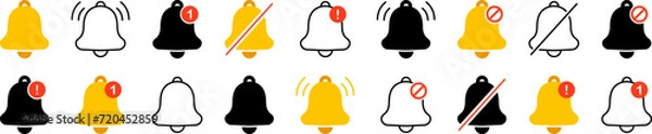 Fototapeta Notification bell icon set. Notice message. Alarm symbol. Incoming inbox message. New message notification icon. Ringing bells, new notification for clock and smartphone, alarm alert
