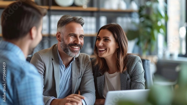 Fototapeta A happy couple on a meeting in an insurance company buying their new home.  Generative AI