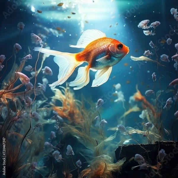 Fototapeta Goldfish in the aquarium Beautiful underwater, The tank is filled with beautiful and colorful small fish that are swimming around, Ai generated