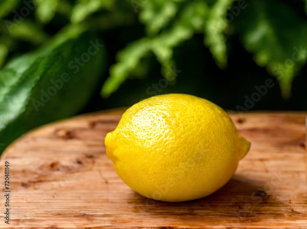 Fototapeta a ripe lemon sitting on top of a wooden table next to a leafy green leaf on top of a piece of wood