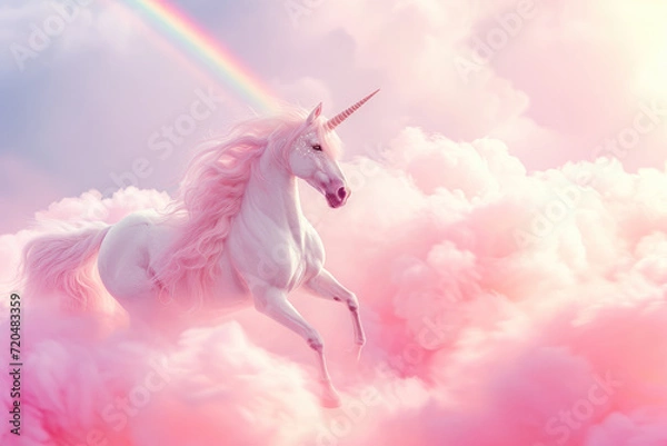 Fototapeta pink and white unicorn jumping through the candy cotton clouds