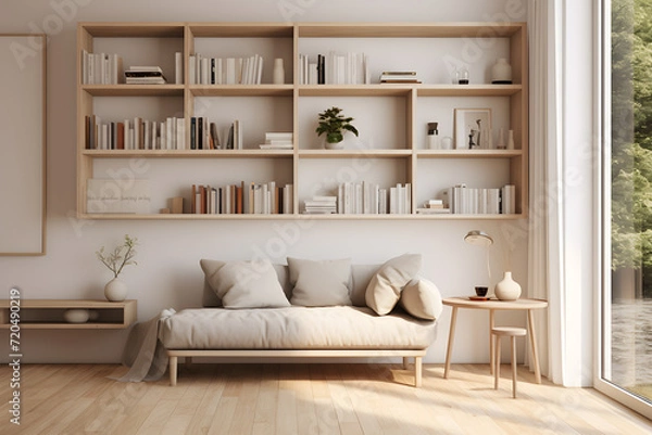 Obraz A Scandinavian room with built in wall mounted reading nook