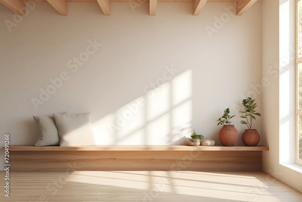 Fototapeta A Scandinavian room with custom built in wooden bench seat 