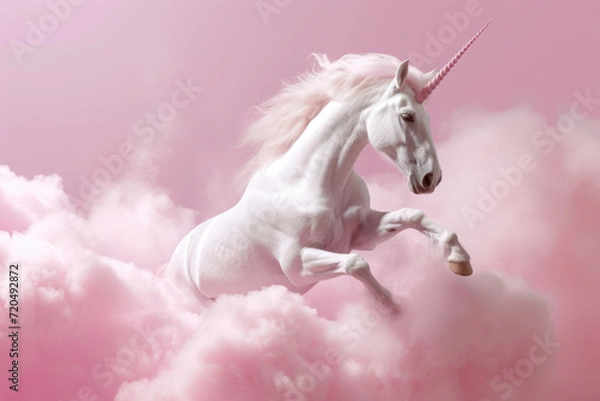 Fototapeta pink and white unicorn jumping through the candy cotton clouds