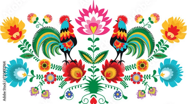 Obraz Polski folklor - kolorowy wzór ludowy z kogutami	