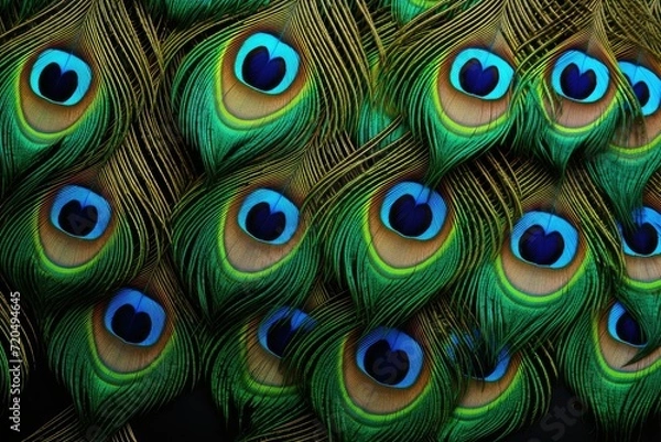 Fototapeta Peacock feather background, Abstract peacock feather, macro close up. Blue peacock feathers in closeup details, Ai generated