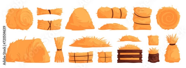 Fototapeta Set of hay bales, piles, heaps and stacks. Straw in rolls, squares, bags. Dry grass, bundles of farm feed. Cartoon vector illustration of haystacks.