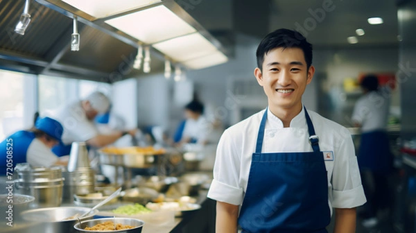 Obraz  a young handsome asian Chef with blue uniform