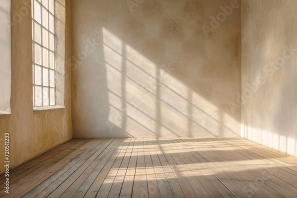 Fototapeta Empty Room With Natural Light, Earthy Color Background, Diffuse Shadows, Wooden Materials