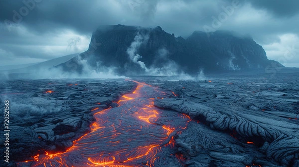 Fototapeta The lava desert with endless stripes of frozen lava and ash