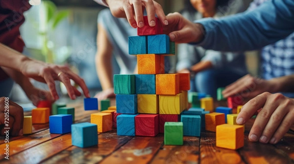 Fototapeta Team synergy unfolds in a visual symphony as diverse members construct a towering masterpiece, each block representing a unique skill. Witness collective achievement in the rising tower.
