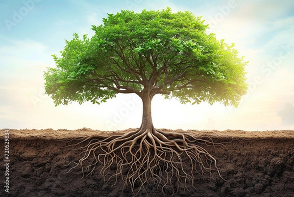 Fototapeta A majestic tree stands tall, its roots intertwined, embodying teamwork's solid foundation. Branches and leaves showcase team projects, unity, and growth.