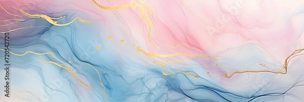 Fototapeta Abstract watercolor paint background illustration - Soft pastel pink blue color and golden lines, with liquid fluid marbled paper texture banner texture,