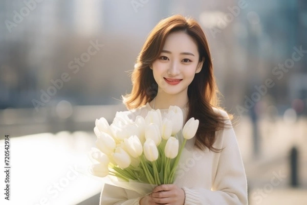 Obraz Portrait of asian woman embracing bouquet with tulips, looking and smiling at camera, blurred skyscraper city background, sunset rays, playful femininity, glamorous spring elegance space for text
