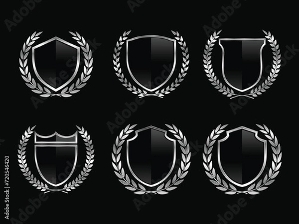 Fototapeta Set of black glass shield with metalic frame, metalic laurel wreath