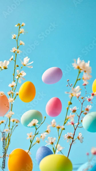 Fototapeta Floating Easter Eggs Over Spring Flowers. Easter background.