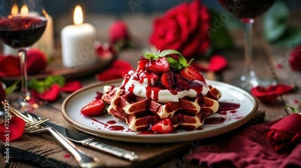 Fototapeta Red Velvet Waffles with Cream Cheese Drizzle against a romantic dinner setup