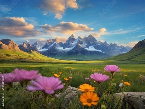 Fototapeta Free Photo mountain lake with a mountain landscape and a colorful sky with snow and house New View 