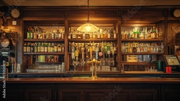 Fototapeta the counter bar in a cosy old english or irish pub with lots of whisky bottles in the background