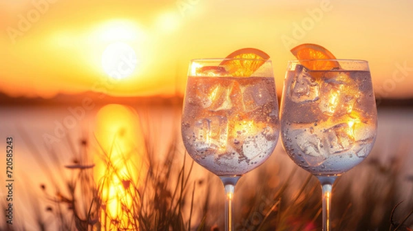 Fototapeta Two glasses filled with gin tonic in front of an outdoors sunset setting in summer