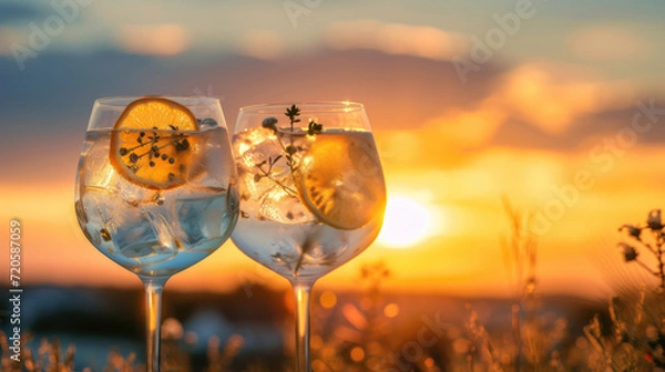 Fototapeta Two glasses filled with gin tonic in front of an outdoors sunset setting in summer
