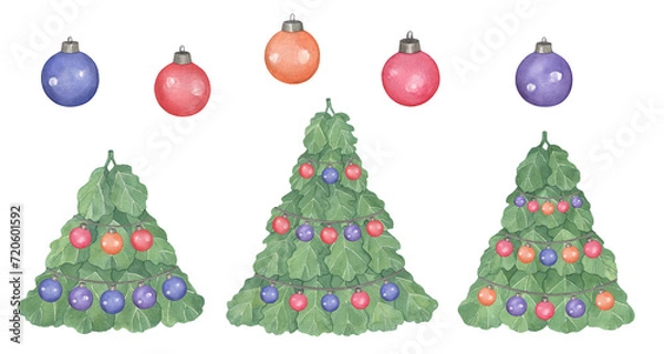 Obraz Watercolor Oak Christmas trees with colorful garlands on a white background.