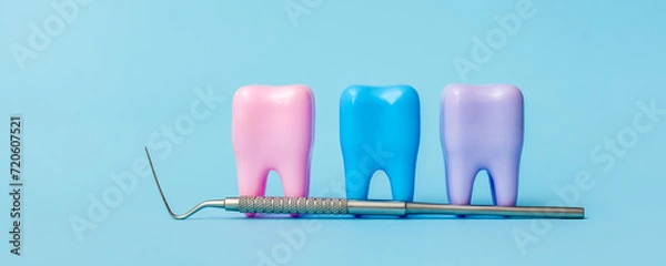 Fototapeta Three multi-colored models of teeth on a blue background. Dental probe. Dental health concept. Flat lay, copy space for text. Dentistry. Place for text. Oral health and dental examination. Dentistry