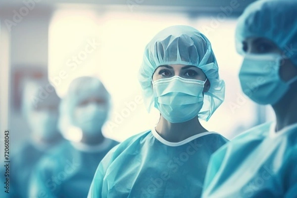 Fototapeta Team of doctor in a hospital background, Hospital medical team banner with group of smiling healthy doctors and nurses, Ai generated